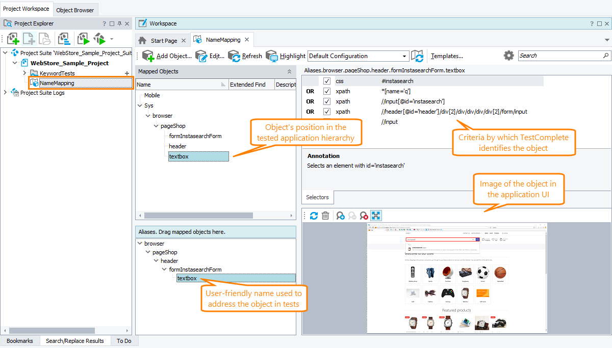 Mapped objects of a web application Mapped objects of a web application (cross-platform web testing mode)