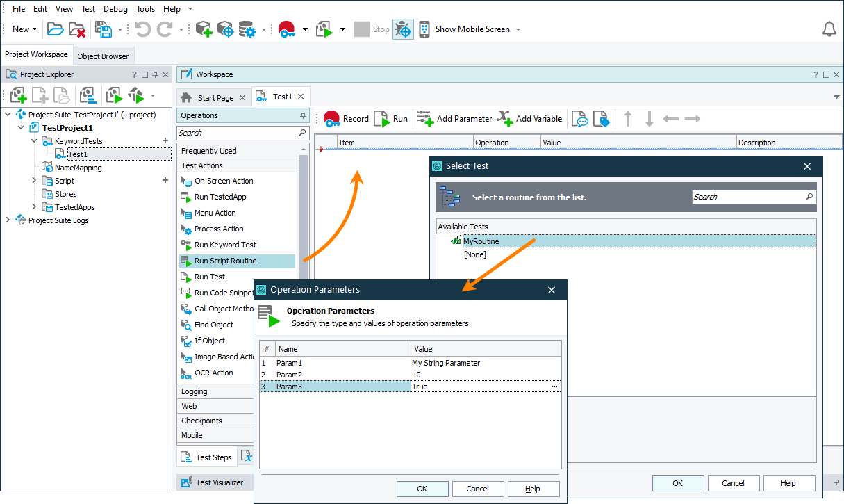 Specify routine parameter values in the Operation Parameters dialog Specify routine parameter values in the Operation Parameters dialog