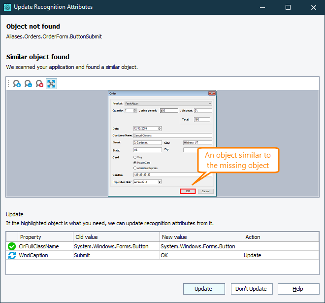 Update recognition attributes Update recognition attributes of the missing object to ma