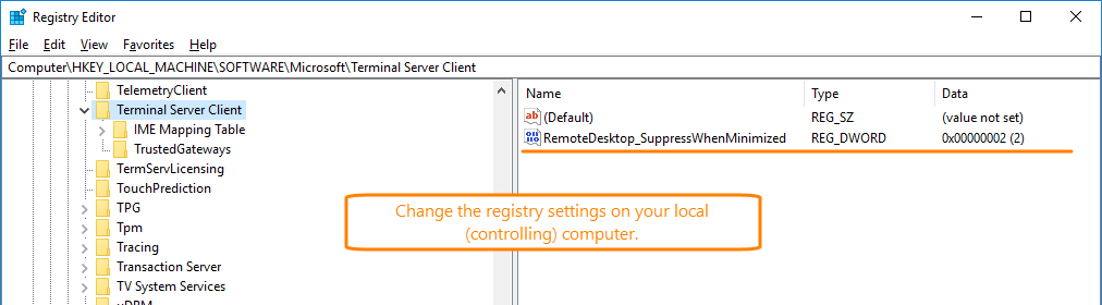 Modify the registry settings on your local (controlling computer) so that minimizing the Remote Desktop window does not affect the GUI of the controlled computer Modify the registry settings on your local (controlling computer) so that minimizing the Remote Desktop window does not affect the GUI of the controlled computer