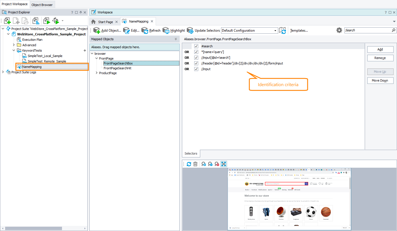 Identification criteria stored in the Name Mapping repository Self-healing tests in TestComplete: Identification criteria stored in the Name Mapping repository