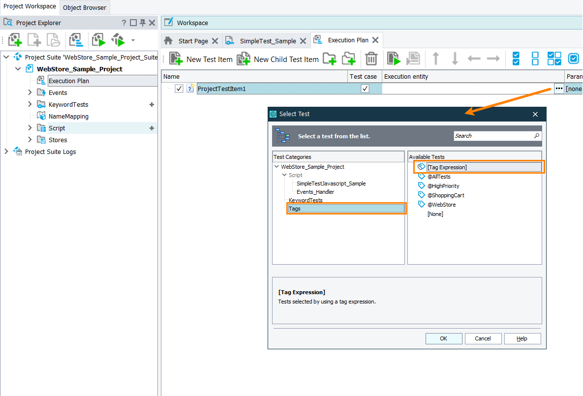 Set a test item to a tag or to a tag expression Setting a test item to a tag or tag expression