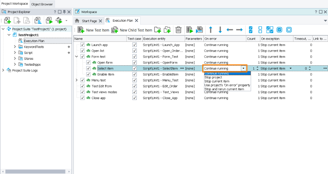Set test item's 'On error' property Set test item's 'On error' property