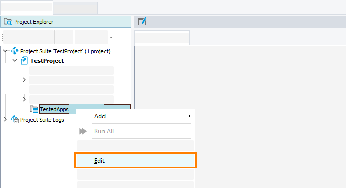 Opening the TestedApps editor Opening the TestedApps editor