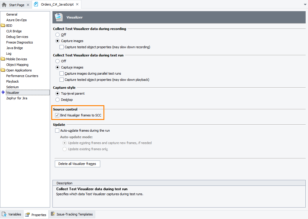 Test Visualizer: Enabling the binding Test Visualizer frames to source control system Test Visualizer: Enabling the binding Test Visualizer frames to source control system