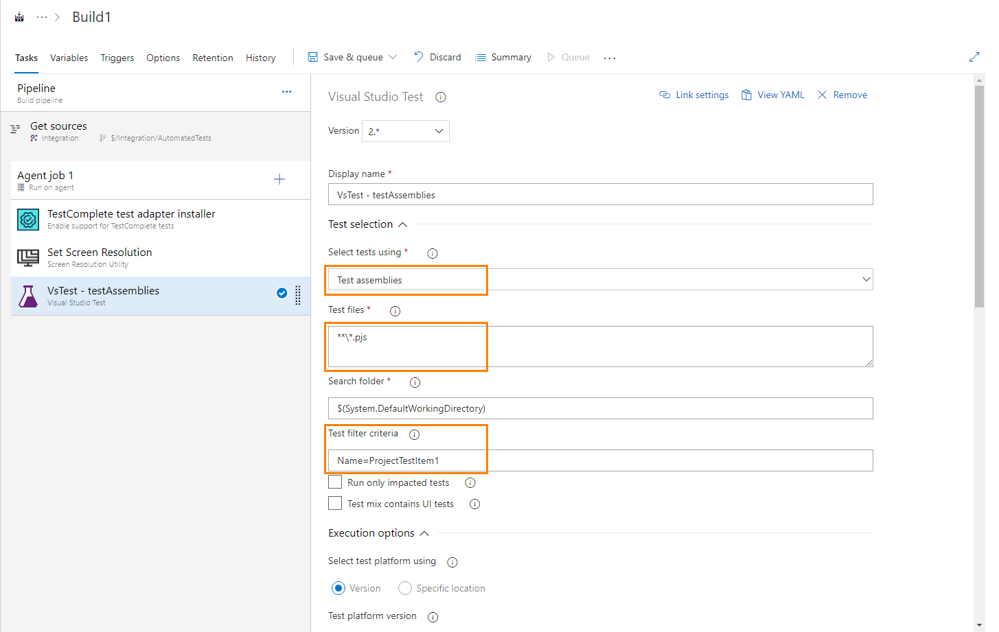 Configuring the Visual Studio Test task to run TestComplete tests TestComplete integration with Azure DevOps: Configuring a Visual Studio Test task to run TestComplete tests