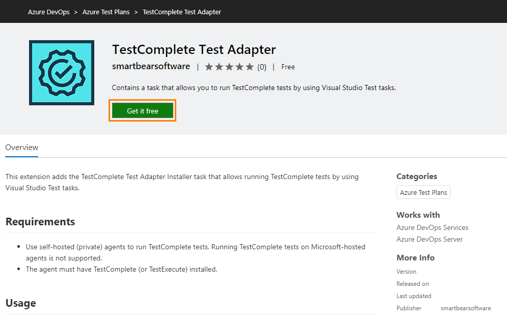 Getting the TestComplete test adapter extension TestComplete integration with Azure DevOps: Getting the TestComplete test adapter extension
