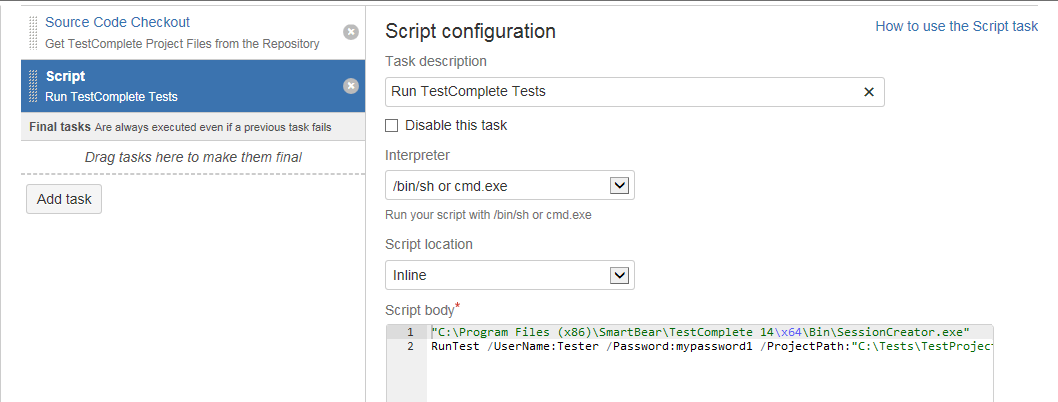 Running TestComplete tests from Bamboo by using a batch file Running TestComplete tests from Bamboo by using a batch file