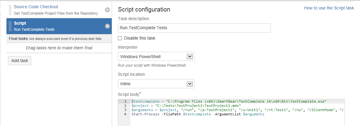 Running TestComplete tests from Bamboo by using PowerShell script Running TestComplete tests from Bamboo by using PowerShell script