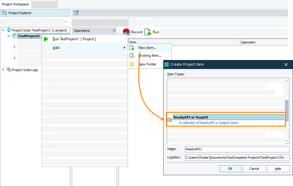 Adding ReadyAPI or SoapUI item to a project Adding ReadyAPI or SoapUI item to a project