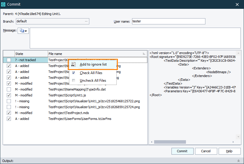 Ignoring Files via TestComplete Commit Dialog Ignoring Files via TestComplete Commit Dialog