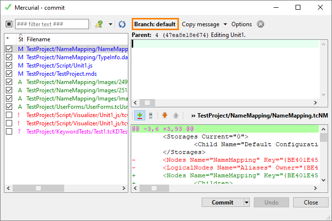 Managing Branches in the TortoiseHg Commit Dialog