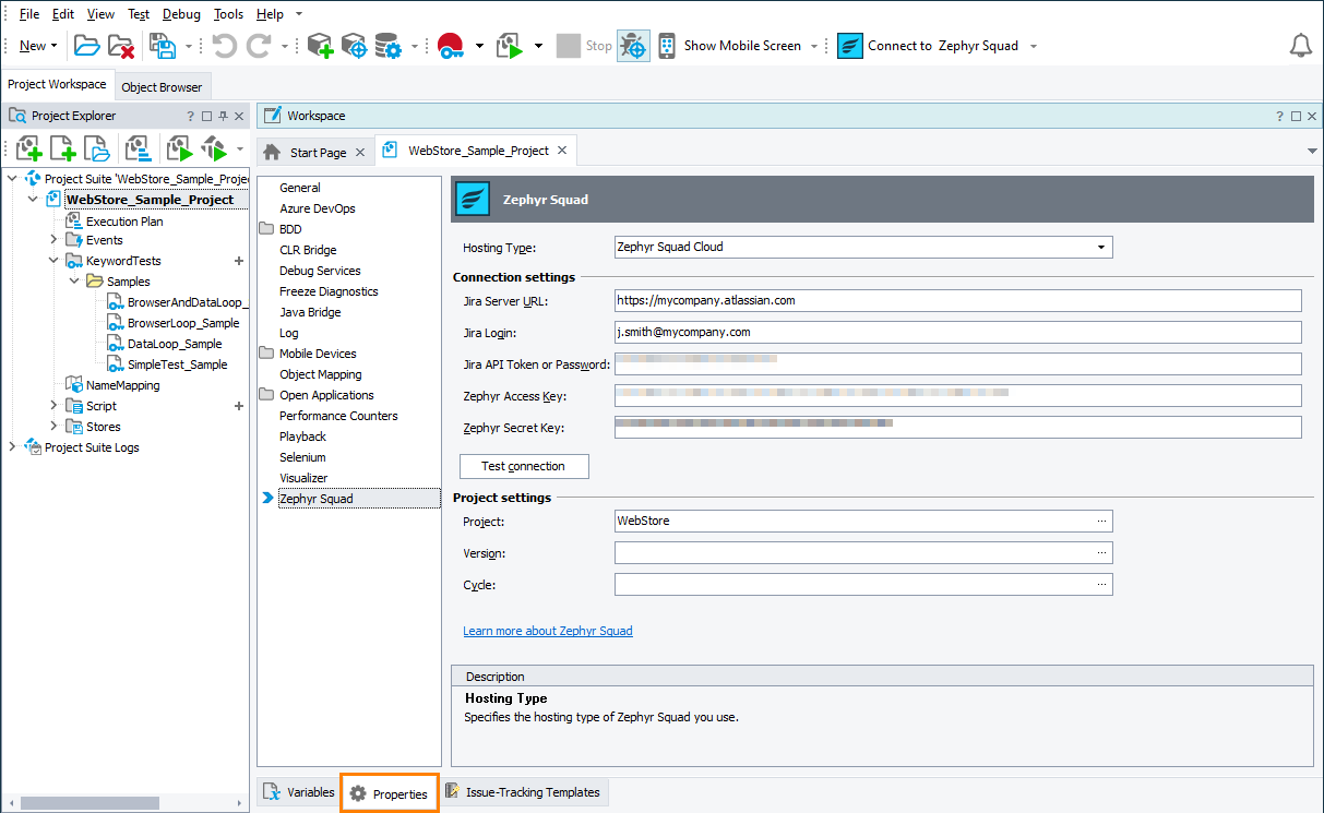 Binding a TestComplete project to Zephyr Squad Connecting TestComplete project to Zephyr Squad