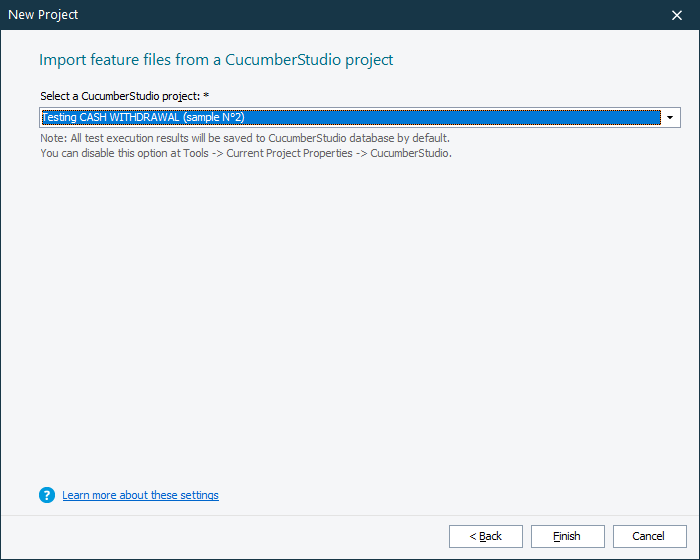 The 'Import feature files from a CucumberStudio project' page The 'Import feature files from a CucumberStudio project' page