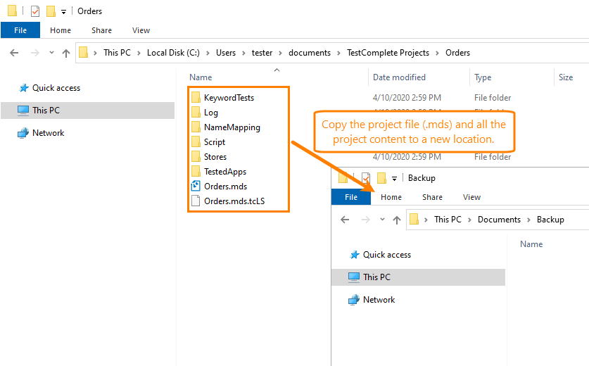 Creating a backup copy of a TestComplete project in Windows Explorer Creating a backup copy of a TestComplete project with Windows Explorer