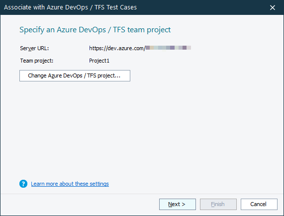 Specifying a team project Associating TestComplete test items with Azure DevOps / TFS test cases: Specifying a team project