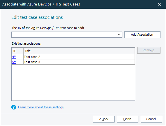 Adding associations Associating TestComplete test items with Azure DevOps / TFS test cases: Adding associations