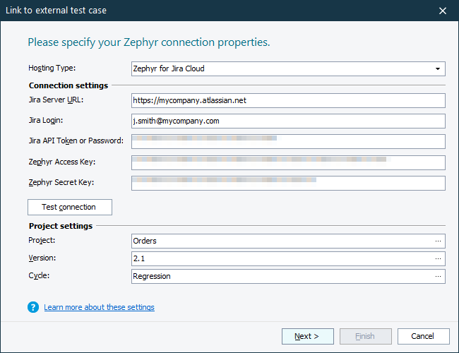 Specify Zephyr Connection Properties Link to External Test wizard - Specify Zephyr Connection Properties