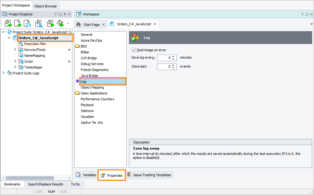 TestComplete Project Properties - Object Log TestComplete Project Properties - Log