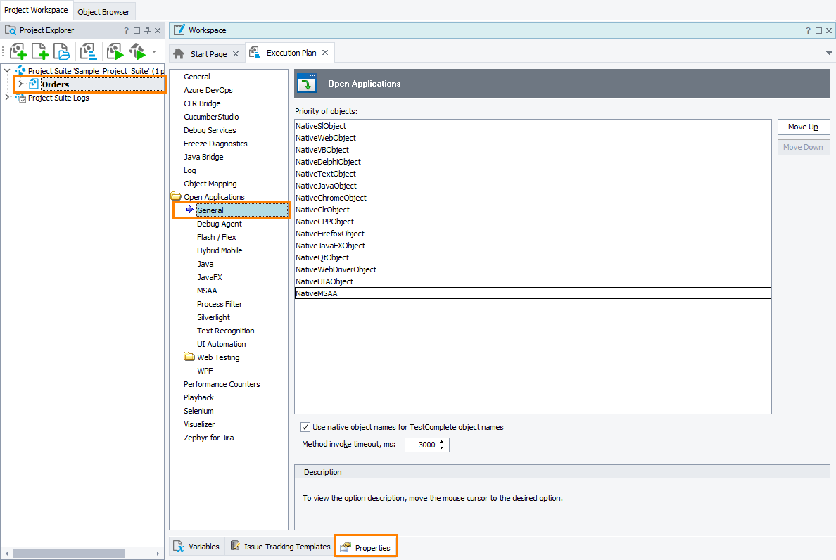 TestComplete Project Properties - Open Applications > General TestComplete Project Properties - Open Applications > General