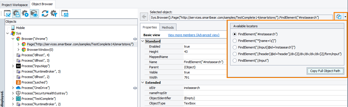 Viewing available locators in the Object Browser Handling the 'Unable to Find the Object' error in TestComplete: Viewing available locators in the Object Browser