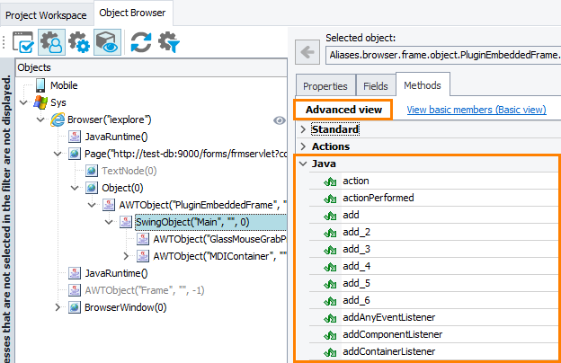 Native Properties of an Oracle Forms Frame in Object Browser