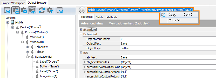 iOS testing: Copying object name from the Object Browser