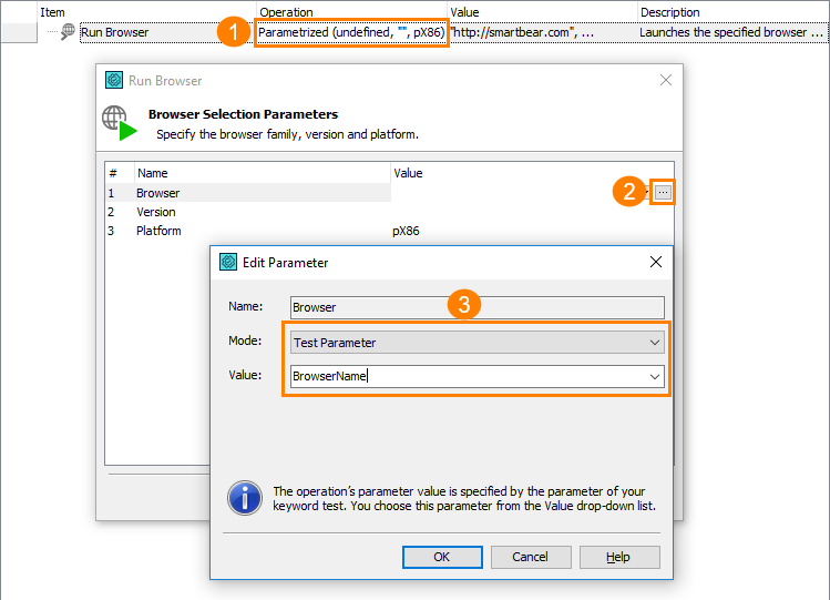 Specifying web browser using a test parameter