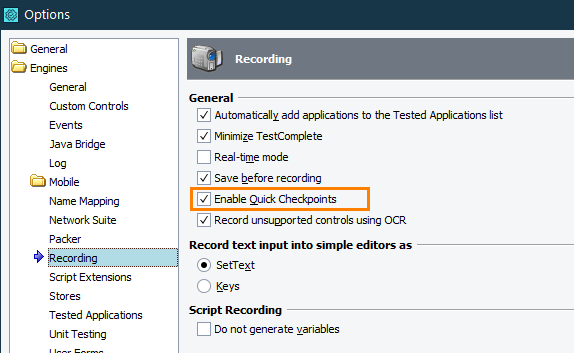 Quick Checkpoints: Enabling and disabling Quick Checkpoints at design time