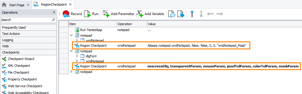 Parameterized Region Checkpoint operation