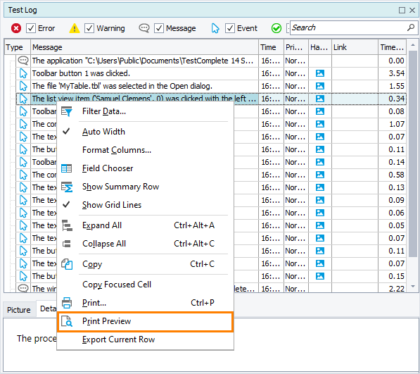 Preview logs before printing