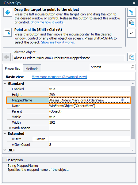 Locating a mapped object corresponding to the selected object