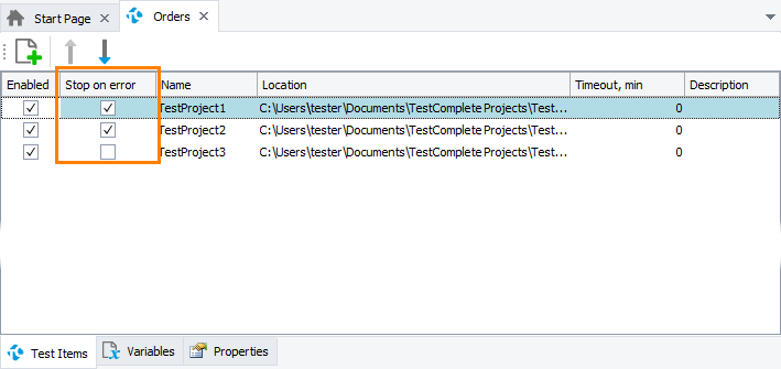 Project Suite test items' 'Stop on Error' property