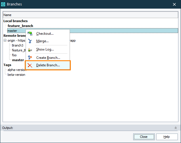Deleting branch via built-in Branches dialog