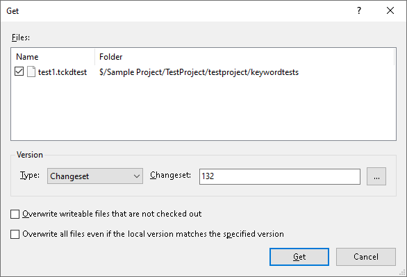 Selecting a version in the Get dialog