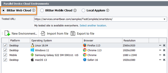 The Parallel Device Cloud Environments panel - The BitBar Web Cloud Testing mode