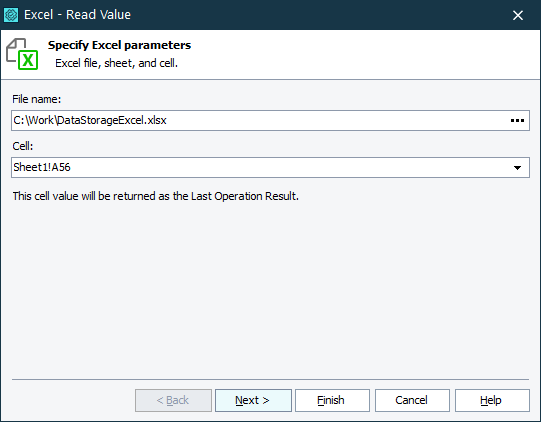 Parameters of the Excel - Read Value operation