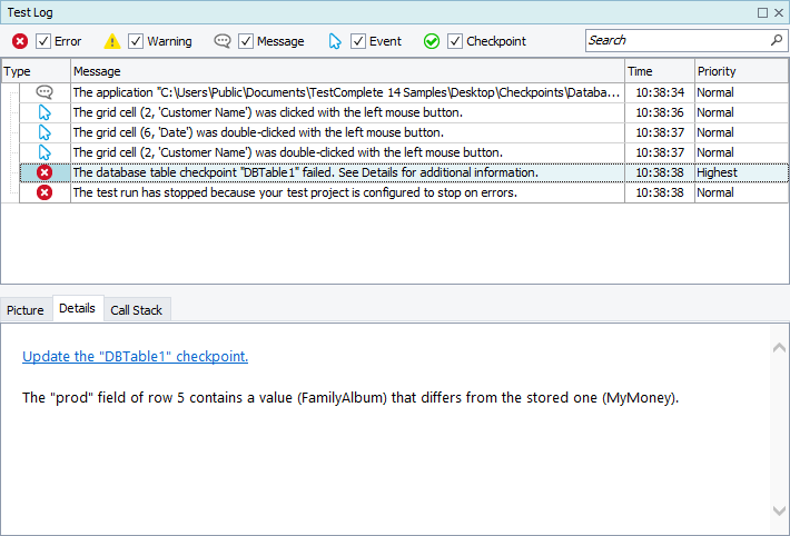 Database checkpoint results