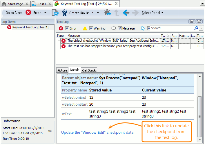 Updating an object checkpoint from the test log.