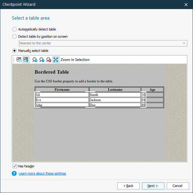 Table Checkpoints: Selecting the table area