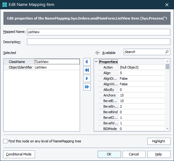 Edit Name Mapping Item dialog - Basic mode