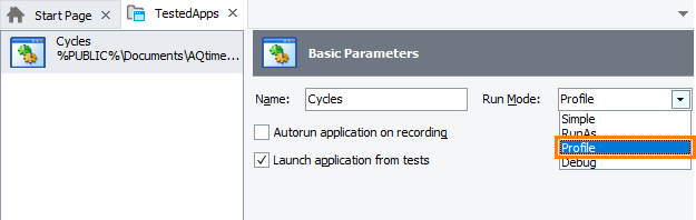 Selecting the Profile mode for a tested application