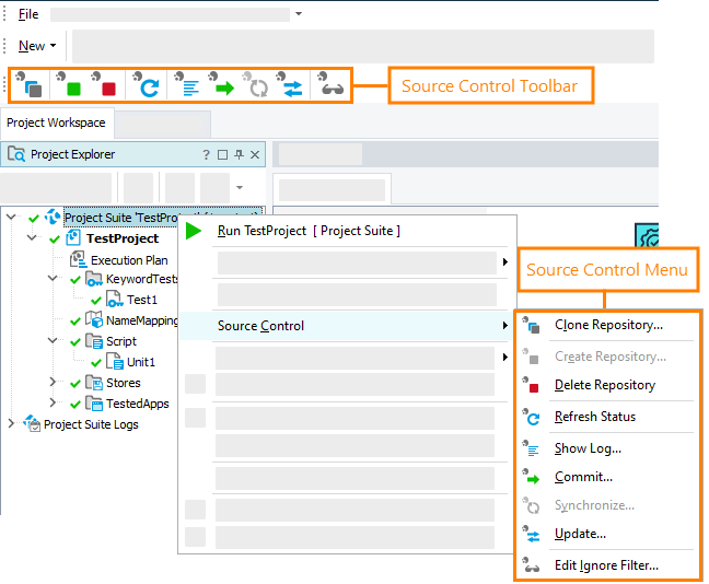 Source Control menu and Source Control toolbar with Mercurial integration enabled.