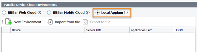 The Parallel Device Cloud Environments panel - The Local Appium mode