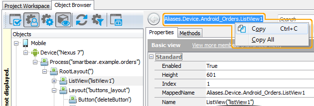Android testing: Copying object name from the Object Browser