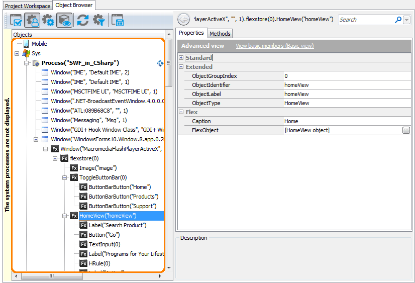 Automated testing Flash and Flex applications with TestComplete: A view of an embedded Flex application in the Object Browser