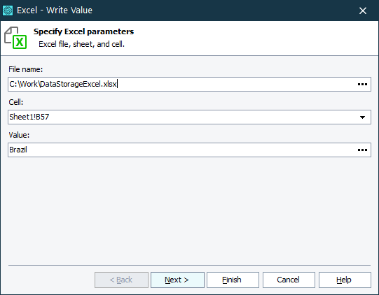 Parameters of the Excel - Write Value operation