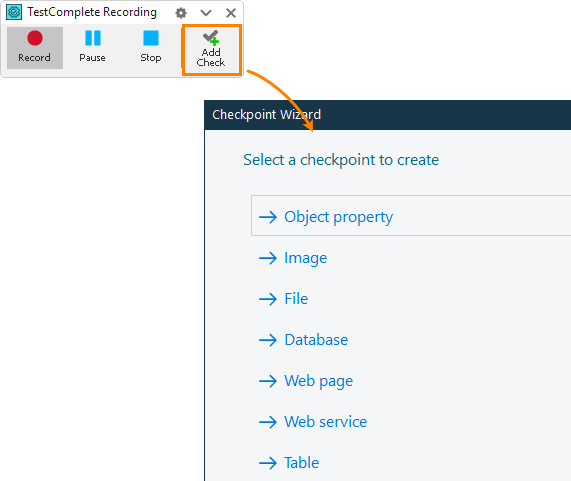 Creating checkpoints via the wizard during test recording