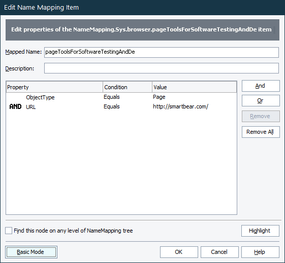 Edit Name Mapping Item dialog - Conditional mode