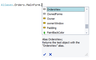 Object properties and methods shown when the tested application is running